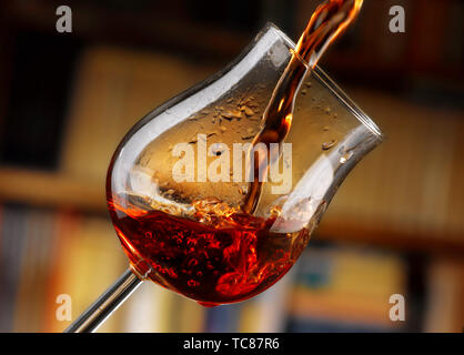 Rotwein in allen seinen Formen, Bibliothek Hintergrund gegossen Stockfoto