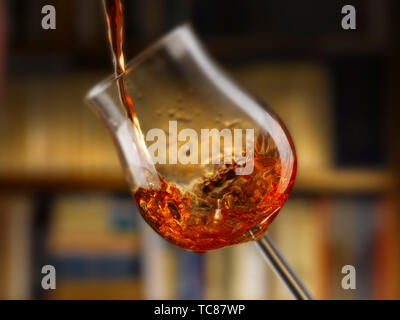 Rotwein in allen seinen Formen, Bibliothek Hintergrund gegossen Stockfoto