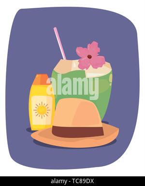 Sommer Urlaub cocktail Sonnencreme und Hut Vector Illustration Stock Vektor