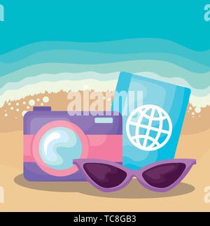 Sommer Strand Szene mit der Kamera und Reisepass Vector Illustration Design Stock Vektor