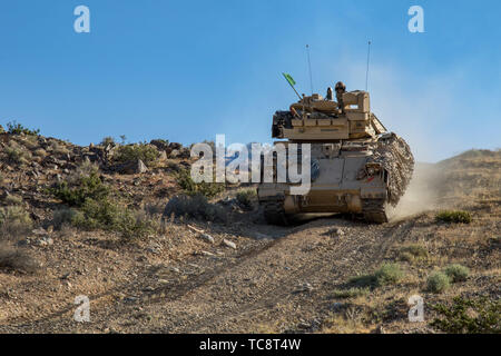 Soldaten vom 1.BATAILLON, 163 Cavalry Regiment, Montana National Guard, ihre Bradley kämpft für eine defensive Angriff Training am National Training Center (NTC) in Fort Irwin, Kalifornien, USA, 2. Juni 2019. Einen Monat lang NTC-Rotation bietet mehr als 4.000 Service Mitglieder aus 31 Staaten, darunter Einheiten aus 13 nationalen Schutz Staaten und Territorien, mit realistischen Ausbildung ihrer Bekämpfung, Unterstützung und Erhaltung Fähigkeiten zu verbessern. (Foto: Cpl. Alisha Grezlik, 115 Mobile Public Affairs Abteilung) Stockfoto