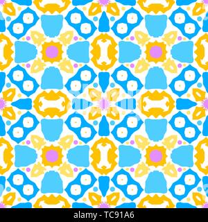 Buntes Kaleidoskop nahtlose Muster mit dekorativen Ornamenten. Zierpflanzen lebendige Hintergrund. Blau, Gelb, Violett Formen und weißen Hintergrund. Patte Stock Vektor