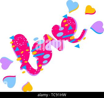 Liebe - Inschrift. Gezeichnet Herzen und Schriftzug. Das Wort "Liebe" in verschiedenen Farben bemalt ist - Futurismus, Autoren Custom Style. Stock Vektor