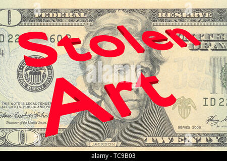 3D-Darstellung der gestohlene Kunst Titel auf 20 US-Dollar Bill als Hintergrund Stockfoto