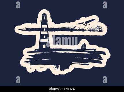 Leuchtturm auf pinselstrich Seashore. Wolken mit retro Flugzeug und Yacht-Symbol. Stockfoto