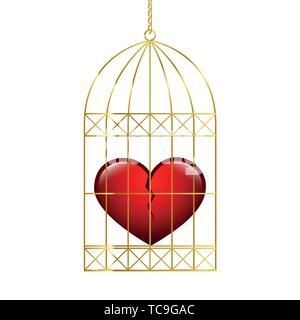Gebrochenes Herz in einem goldenen Käfig auf weißem Hintergrund Vektor-illustration EPS 10 isoliert Stock Vektor