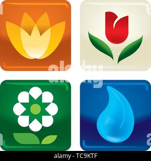 Vector Illustration. Vier Blumen und Wasser tropfen Symbole in glänzendem Stil. Stock Vektor