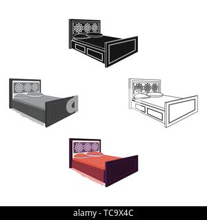 Doppelbett mit roten Blättern. Bett mit Kopfteil aus Holz braun. Bett einzelnen Symbol im Cartoon, schwarze Art Vektor Symbol lieferbar web Abbildung. Stock Vektor