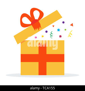 Eröffnet überraschende Geschenk im gelben Kasten mit roter Schleife Vector Illustration Symbol auf weißem Hintergrund. Überraschung in der Geschenkbox. Stockfoto