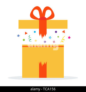Geschenkbox in geöffneten gelben Kasten mit roter Schleife Vector Illustration Symbol auf weißem Hintergrund. Überraschung in der Geschenkbox. Stockfoto