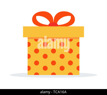 Überraschung Geschenk Box in Vector Illustration Symbol auf weißem Hintergrund. Gelber Kasten mit rotem Band. Überraschung in der Geschenkbox. Stockfoto