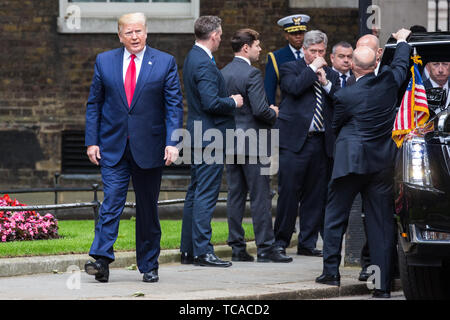 London, Großbritannien. 4. Juni 2019. US-Präsident Donald Trump kommt in die Downing Street um Premierminister Theresa May Am zweiten Tag seines Staatsbesuches Stockfoto