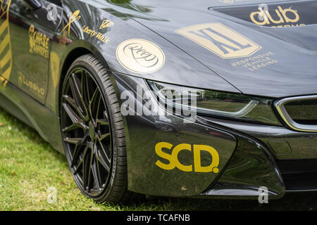 Bedford, Bedfordshire, Großbritannien. 2. Juni 2019. Festival des Autofahrens, Fragment eines BMW i8 ist eine Plug-in-Hybrid Sportwagen von BMW entwickelt Stockfoto