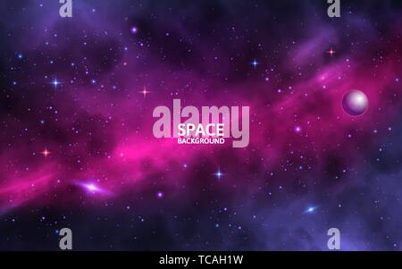 Raum Hintergrund mit leuchtenden Sterne, Stardust und Nebel. Realistische Kosmos. Bunte Galaxie mit Milchstraße und Planeten. Vector Illustration Stock Vektor
