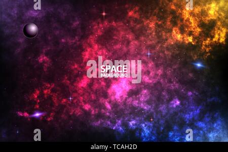 Bunte Nebel. Realistische raum Hintergrund. Farbe Kosmos Kulisse. Spiralgalaxie und glänzenden Sternen. Planeten und Stardust. Abstrakte futuristischen Raum Stock Vektor