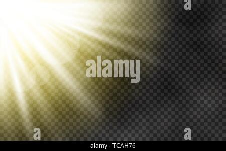 Sonnenlicht mit Morgennebel auf transparentem Hintergrund. Frühjahr Vorlage mit Gelben Strahlen. Sonne und lens flare Lichteffekt. Abstrakte Licht auf dunklen zurück Stock Vektor