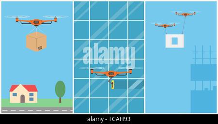 Satz von Drohnen mit Fernbedienung. Für die Lieferung Drone, Waschen, Bau. Flug über die Stadt. Flache Banner, Vektor, Abbildung Stock Vektor