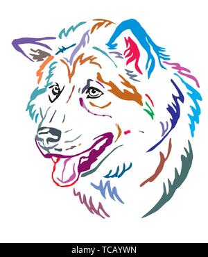 Bunt dekorativ Umrisse Portrait von Alaskan Malamute Hund suchen im Profil, Vector Illustration in verschiedenen Farben auf weißem Hintergrund. Stock Vektor