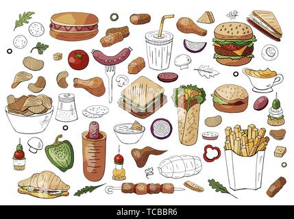 Große fast food Farbe Elemente Sandwiches, Burger, Snacks auf weißem Hintergrund. Stock Vektor