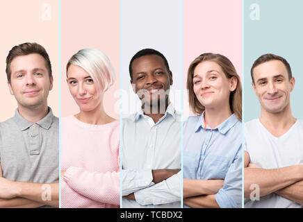 Collage von jungen Männern und Frauen lächelnd mit gefalteten Händen. Stockfoto