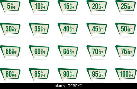 Moderne grüne Verkauf und Rabatt Preis Tag Set 5, 10, 15, 20, 25, 30, 35, 40, 45, 50, 55, 60, 65, 70, 75, 80, 85, 90, 95, 100 Prozent aus Verkauf Vektor Il Stock Vektor