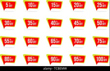 Moderne Verkaufs- und Rabatt Preis Tag Set 5, 10, 15, 20, 25, 30, 35, 40, 45, 50, 55, 60, 65, 70, 75, 80, 85, 90, 95, 100 Prozent aus Verkauf Vektor Illustra Stock Vektor
