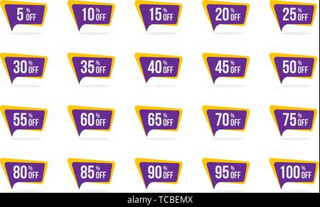 Moderne Verkaufs- und Rabatt Preis Tag 5, 10, 15, 20, 25, 30, 35, 40, 45, 50, 55, 60, 65, 70, 75, 80, 85, 90, 95, 100 Prozent aus Verkauf Vector Illustration Stock Vektor