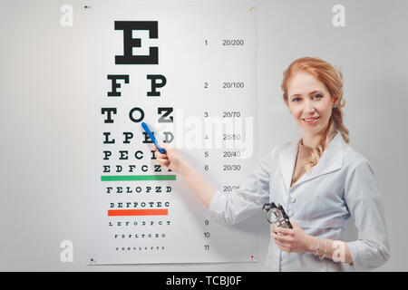 Optische. Arzt - Augenarzt zeigt Sehvermögen testen Stockfoto