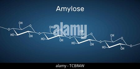 Amylose Molekül. Es ist ein Polysaccharid und eine der beiden Komponenten von Stärke. Strukturelle chemische Formel auf dem dunkelblauen Hintergrund. Vektor illu Stock Vektor