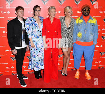 London, Großbritannien. 6. Juni, 2019. Danny Jones, Tobey Maguire, Emma Willis, Pixie Lott und will.i.am Besuchen photocall Die Stimme Kinder, neuen ITV-Serie der Kinder Talent Show, auf der RSA, London, London, Großbritannien - 6. Juni 2019 Credit: Nils Jorgensen/Alamy Leben Nachrichten zu starten Stockfoto