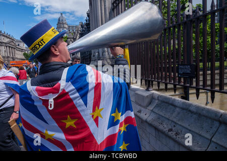London, Großbritannien. 6. Juni 2019. Steve Bray von sodem (Stand der Missachtung der Europäischen Bewegung) Rufe durch einen riesigen Megaphon für Brexit vor den Toren an das Parlament gestoppt werden. SODEM weiterhin Ihre tägliche Proteste während das Parlament in der Sitzung anspruchsvolle Großbritannien ist in der Europäischen Union bleiben. Credit: Peter Marschall/Alamy leben Nachrichten Stockfoto