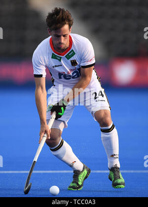 London, Großbritannien. 06 Juni, 2019. 6. Juni 2019, Lee Valley Hockey und Tennis Centre, London, England; Mens FIH Pro Hockey League, Großbritannien gegen Deutschland; Benedikt Furk aus Deutschland Credit: Aktion Plus Sport Bilder/Alamy leben Nachrichten Stockfoto
