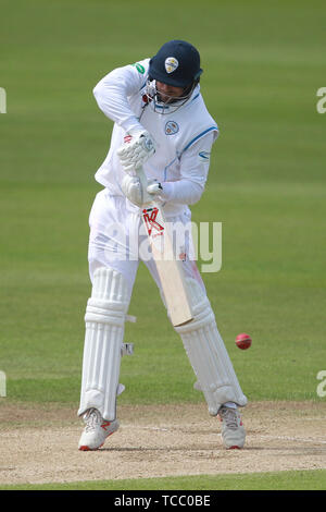 CHESTER LE STREET, ENGLAND 6. Juni während der vierte Tag des Specsavers County Championship Division 2 Übereinstimmung zwischen Durham County Cricket Club und Derbyshire County Cricket Club Emirates Riverside, Chester Le Street am Donnerstag, 6 2019. (Credit: Mark Fletcher | MI Nachrichten) Credit: MI Nachrichten & Sport/Alamy leben Nachrichten Stockfoto