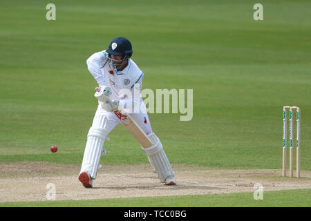 CHESTER LE STREET, ENGLAND 6. JUNI Billy Godleman Derbyshire während der vierte Tag des Secsavers County Championship Division 2 Übereinstimmung zwischen Durham County Cricket Club und Derbyshire County Cricket Club Emirates Riverside, Chester Le Street am Donnerstag, 6 2019. (Credit: Mark Fletcher | MI Nachrichten) Credit: MI Nachrichten & Sport/Alamy leben Nachrichten Stockfoto