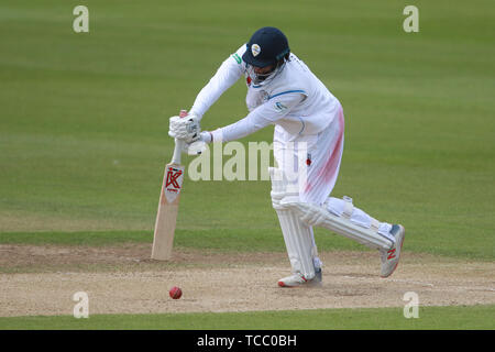 CHESTER LE STREET, ENGLAND 6. JUNI Billy Godleman Derbyshire während der vierte Tag des Secsavers County Championship Division 2 Übereinstimmung zwischen Durham County Cricket Club und Derbyshire County Cricket Club Emirates Riverside, Chester Le Street am Donnerstag, 6 2019. (Credit: Mark Fletcher | MI Nachrichten) Credit: MI Nachrichten & Sport/Alamy leben Nachrichten Stockfoto