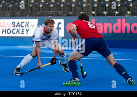 London, Vereinigtes Königreich. 06 Jun, 2019. Während FIH-Pro League Match zwischen England vs Deutschland (Männer) an Lea Valley Hockey und Tennis Center am Donnerstag, Juni 06, 2019 in London, England. (Nur redaktionelle Nutzung, eine Lizenz für die gewerbliche Nutzung erforderlich. Keine Verwendung in Wetten, Spiele oder einer einzelnen Verein/Liga/player Publikationen.) Credit: Taka G Wu Credit: Taka Wu/Alamy leben Nachrichten Stockfoto