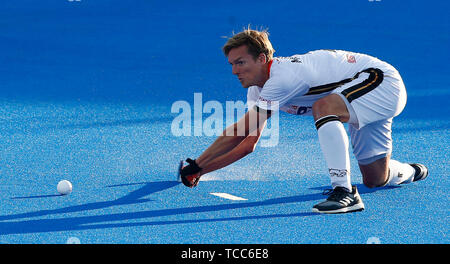 London, Großbritannien. 06 Juni, 2019. LONDON, England. Juni 06: Mathis Müller von Deutschland während FIH-Pro League zwischen Großbritannien und Deutschland bei Lee Valley Hockey und Tennis Center am 06. Juni 2019 in London, England. Credit: Aktion Foto Sport/Alamy leben Nachrichten Stockfoto