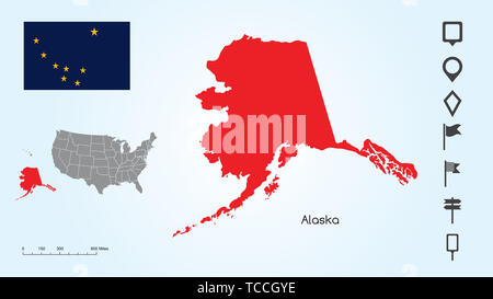 Karte der Vereinigten Staaten von Amerika mit dem ausgewählten Zustand von Alaska und Alaska Flagge mit Locator Collection. Stockfoto