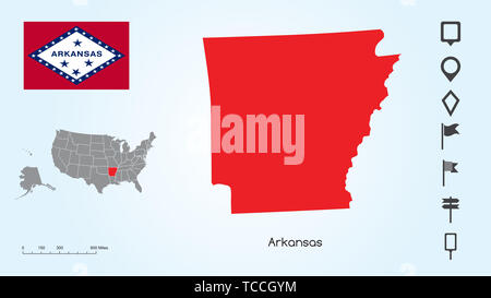 Karte der Vereinigten Staaten von Amerika mit dem ausgewählten Zustand von Arkansas und Arkansas Flagge mit Locator Collection. Stockfoto