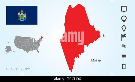 Karte der Vereinigten Staaten von Amerika mit dem ausgewählten Zustand von Maine und Maine Flagge mit Locator Collection. Stockfoto