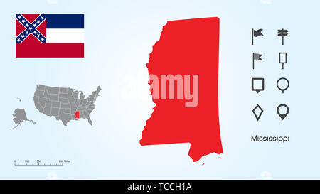 Karte der Vereinigten Staaten von Amerika mit dem ausgewählten Zustand von Mississippi und Mississippi Flagge mit Locator Collection. Stockfoto
