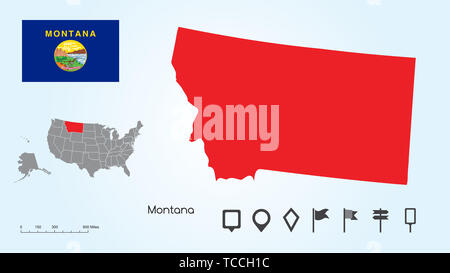 Karte der Vereinigten Staaten von Amerika mit dem ausgewählten Zustand von Montana und Montana Flagge mit Locator Collection. Stockfoto