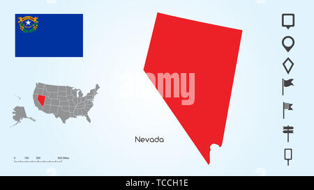 Karte der Vereinigten Staaten von Amerika mit dem ausgewählten Zustand von Nevada und Nevada Flagge mit Locator Collection. Stockfoto