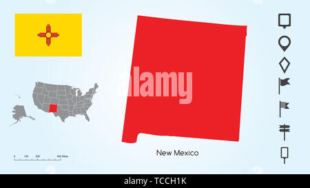 Karte der Vereinigten Staaten von Amerika mit der ausgewählten Staat New Mexico und New Mexico Fahne mit Locator Collection. Stockfoto