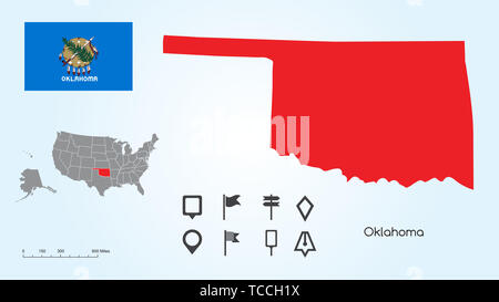Karte der Vereinigten Staaten von Amerika mit dem ausgewählten Zustand von Oklahoma und Oklahoma Flagge mit Locator Collection. Stockfoto