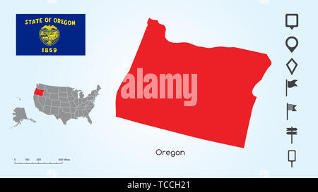 Karte der Vereinigten Staaten von Amerika mit dem ausgewählten Zustand von Oregon und Oregon Flagge mit Locator Collection. Stockfoto