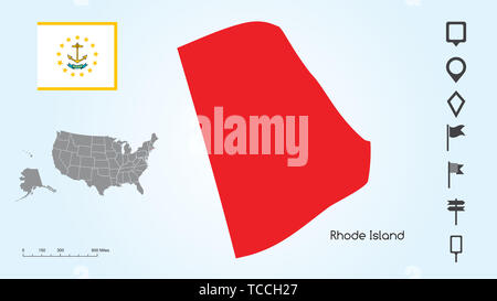 Karte der Vereinigten Staaten von Amerika mit dem ausgewählten Bundesstaat Rhode Island und Rhode Island Flagge mit Locator Collection. Stockfoto