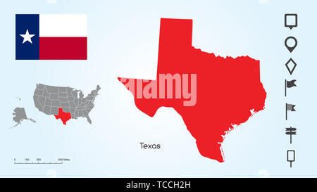 Karte der Vereinigten Staaten von Amerika mit dem ausgewählten Zustand von Texas und Texas Flagge mit Locator Collection. Stockfoto