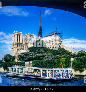 Bateau Mouche sightseeing Bootsfahrt den Fluss Seine, Notre-Dame de Paris Kathedrale, bevor das Feuer der April 15, 2019, Paris, Frankreich, Europa, Stockfoto