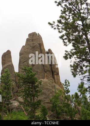 Atemberaubende Aussicht auf einem großen Granitblock auf das Nadelöhr an Nadeln Highway, Custer County, South Dakota. Stockfoto